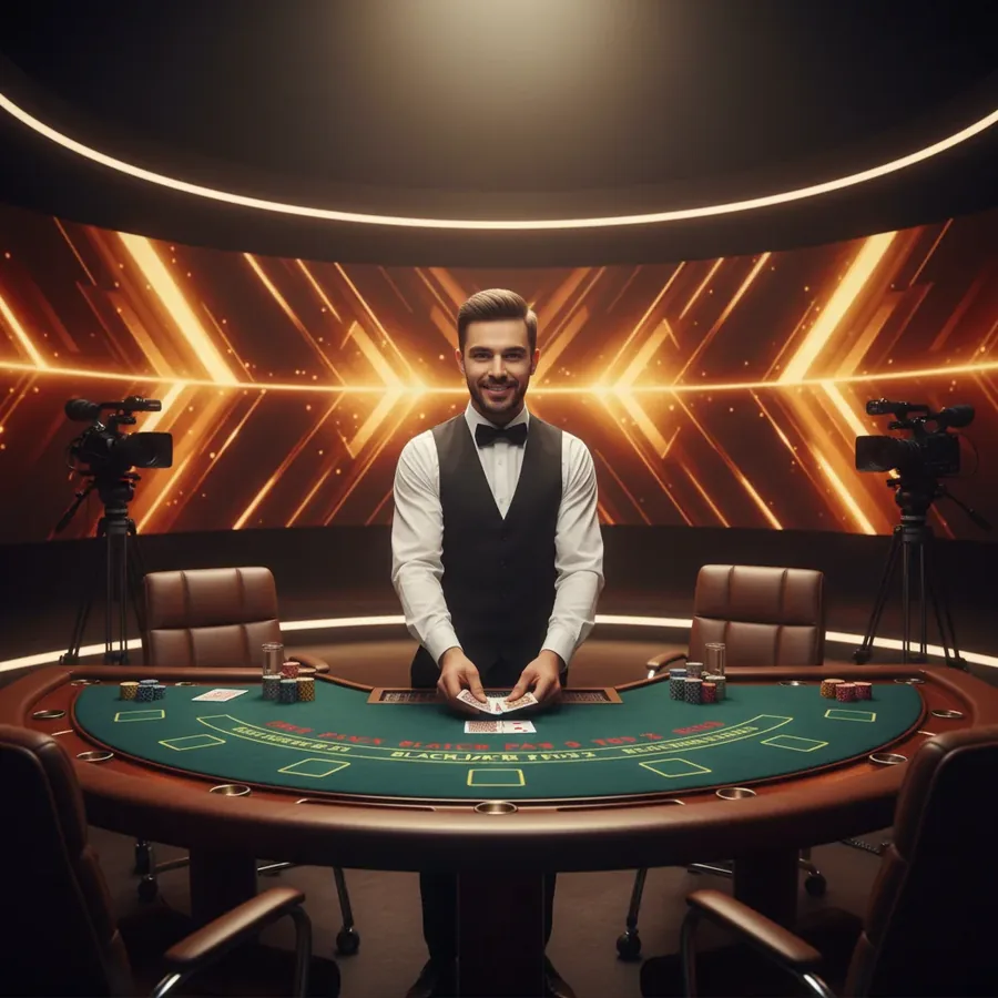 Croupier à une table de Blackjack dans un studio bien éclairé